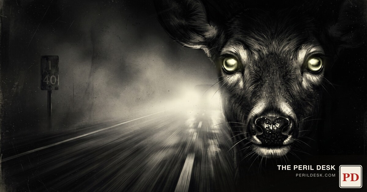 A deer's eyes catching headlights on a dark road.
