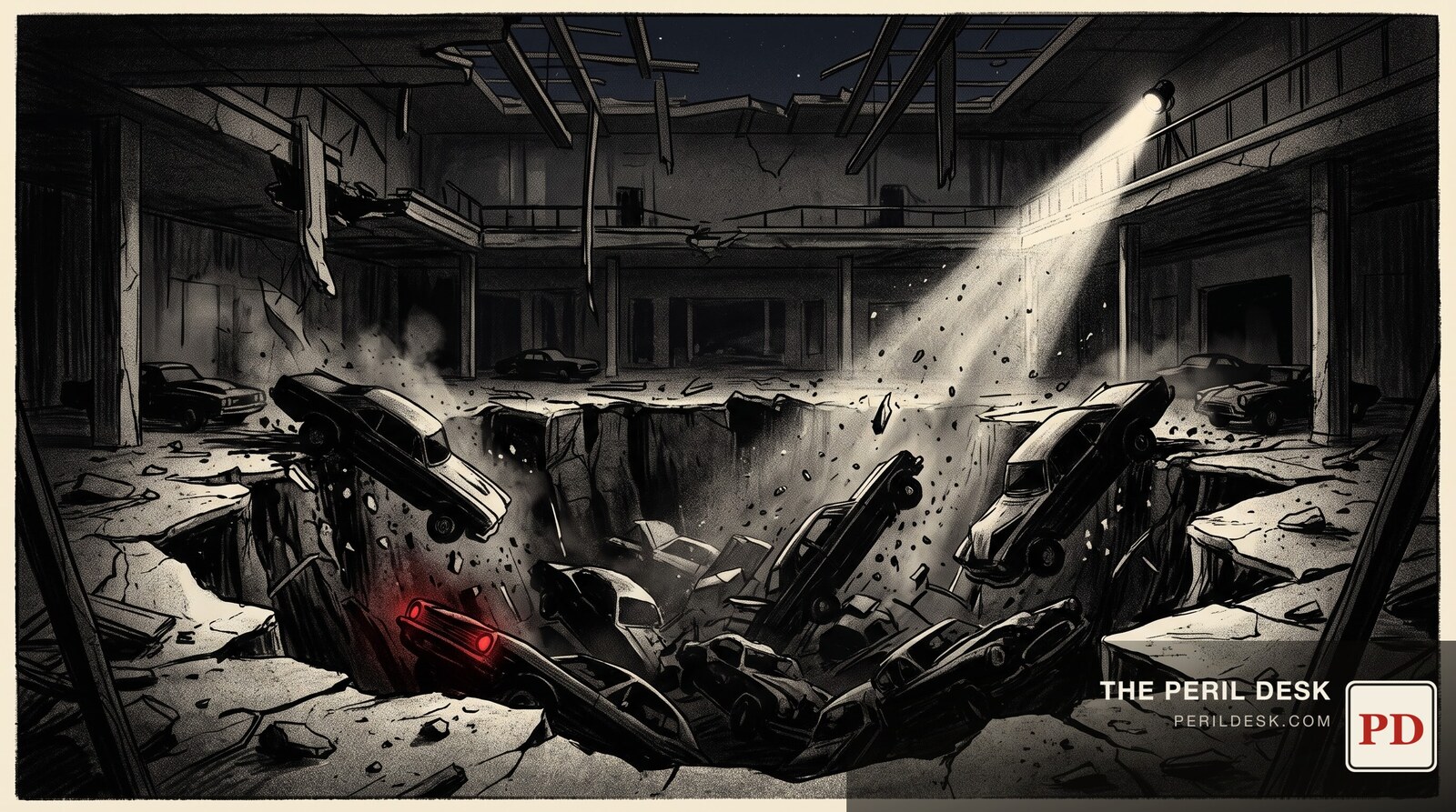 A museum showroom floor collapsed into darkness below. Original art for The Peril Desk.