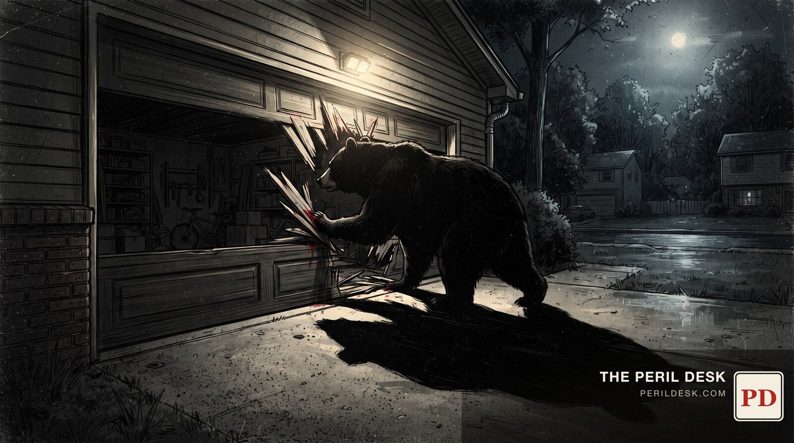 A bear breaking through a garage door at night. Original art for The Peril Desk.