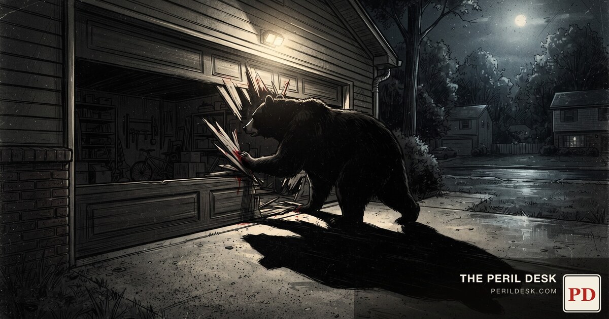 A bear breaking through a garage door at night.