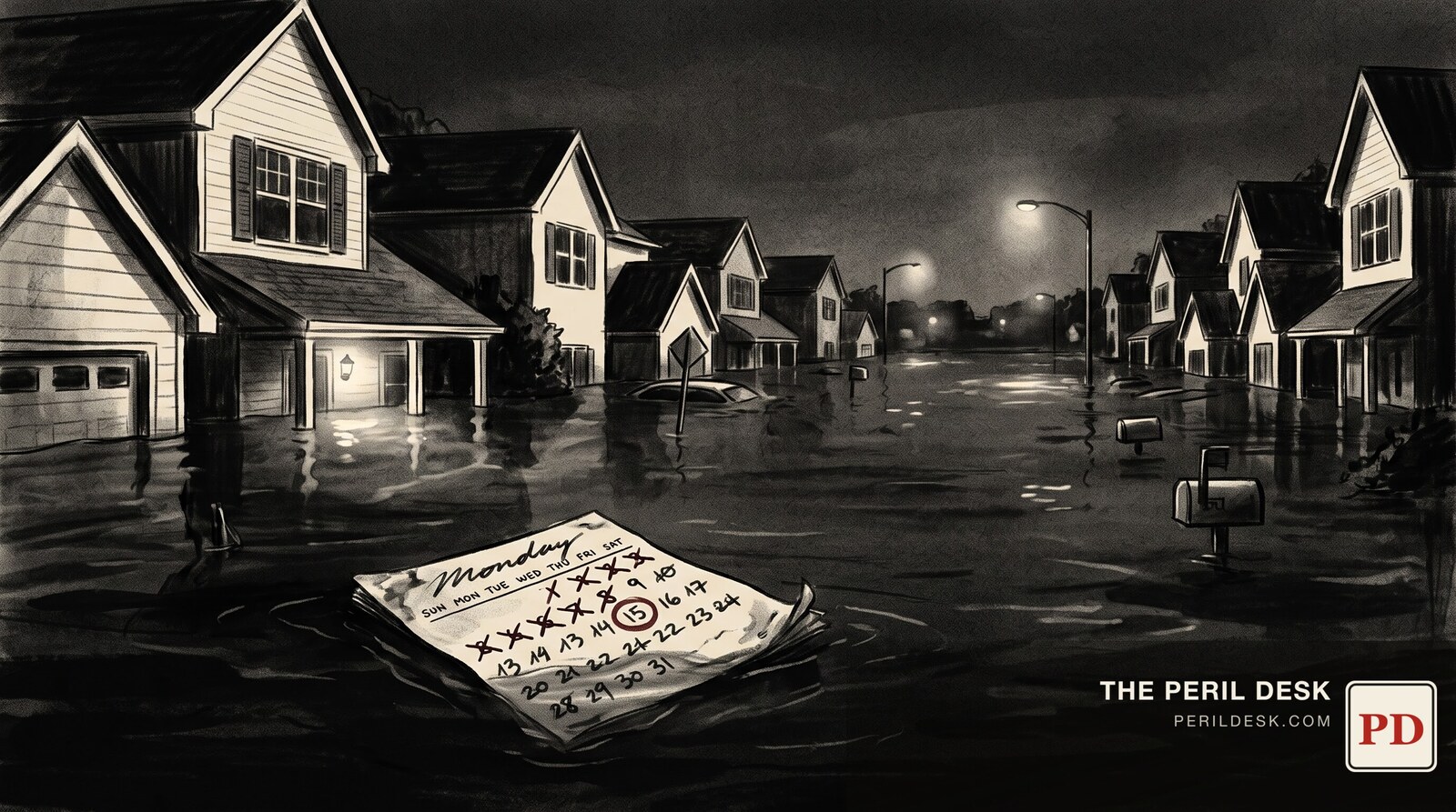 A residential street submerged to the rooflines. Original art for The Peril Desk.