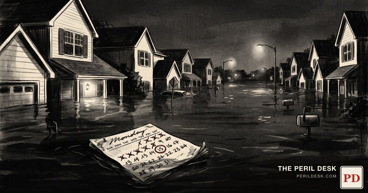 A residential street submerged to the rooflines.