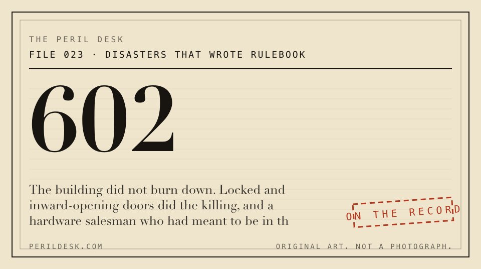 Typographic case-file cover: FILE 023, Disasters That Wrote Rulebook, the figure 602.