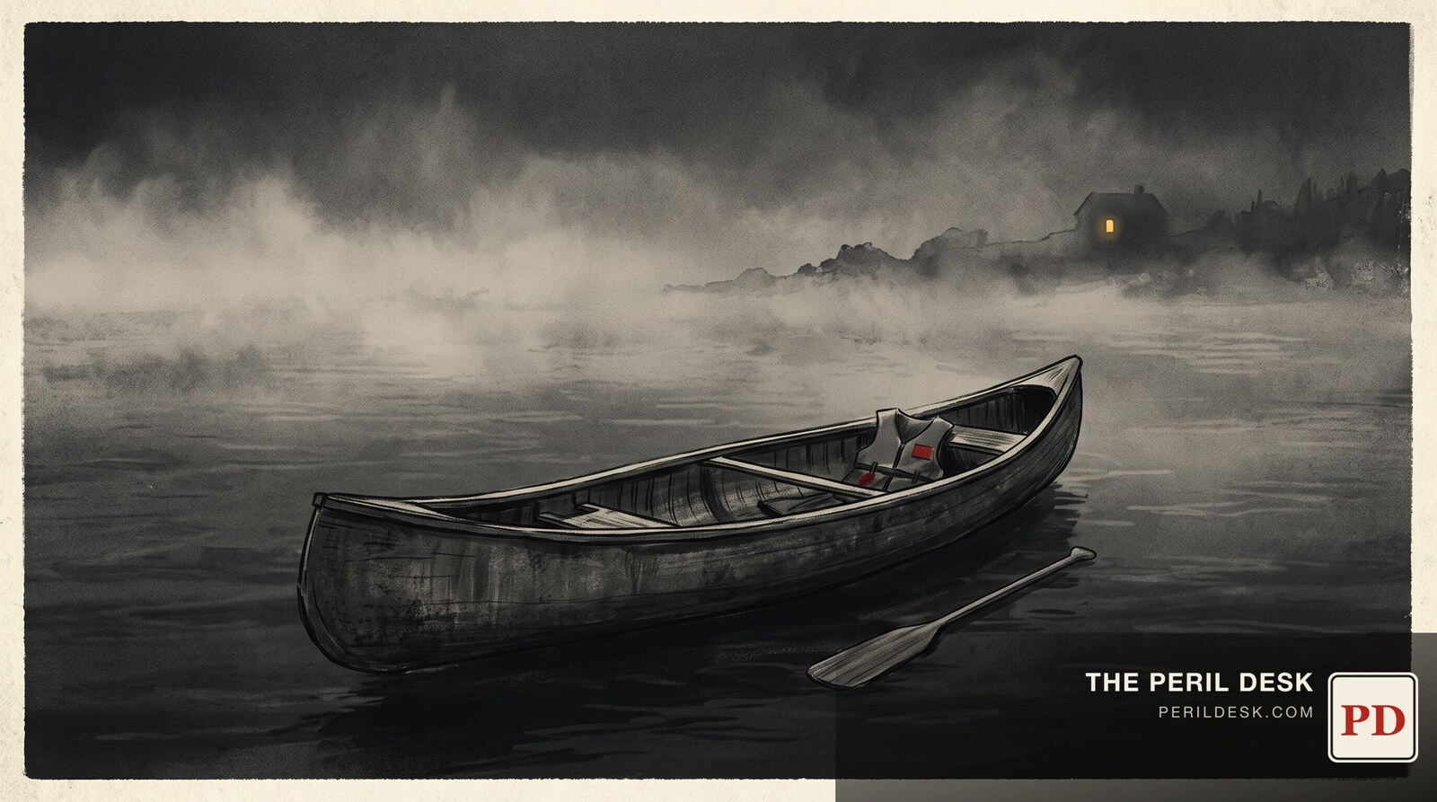 An empty canoe adrift on open water at dusk. Original art for The Peril Desk.
