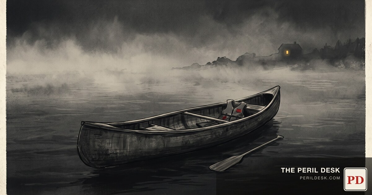 An empty canoe adrift on open water at dusk.