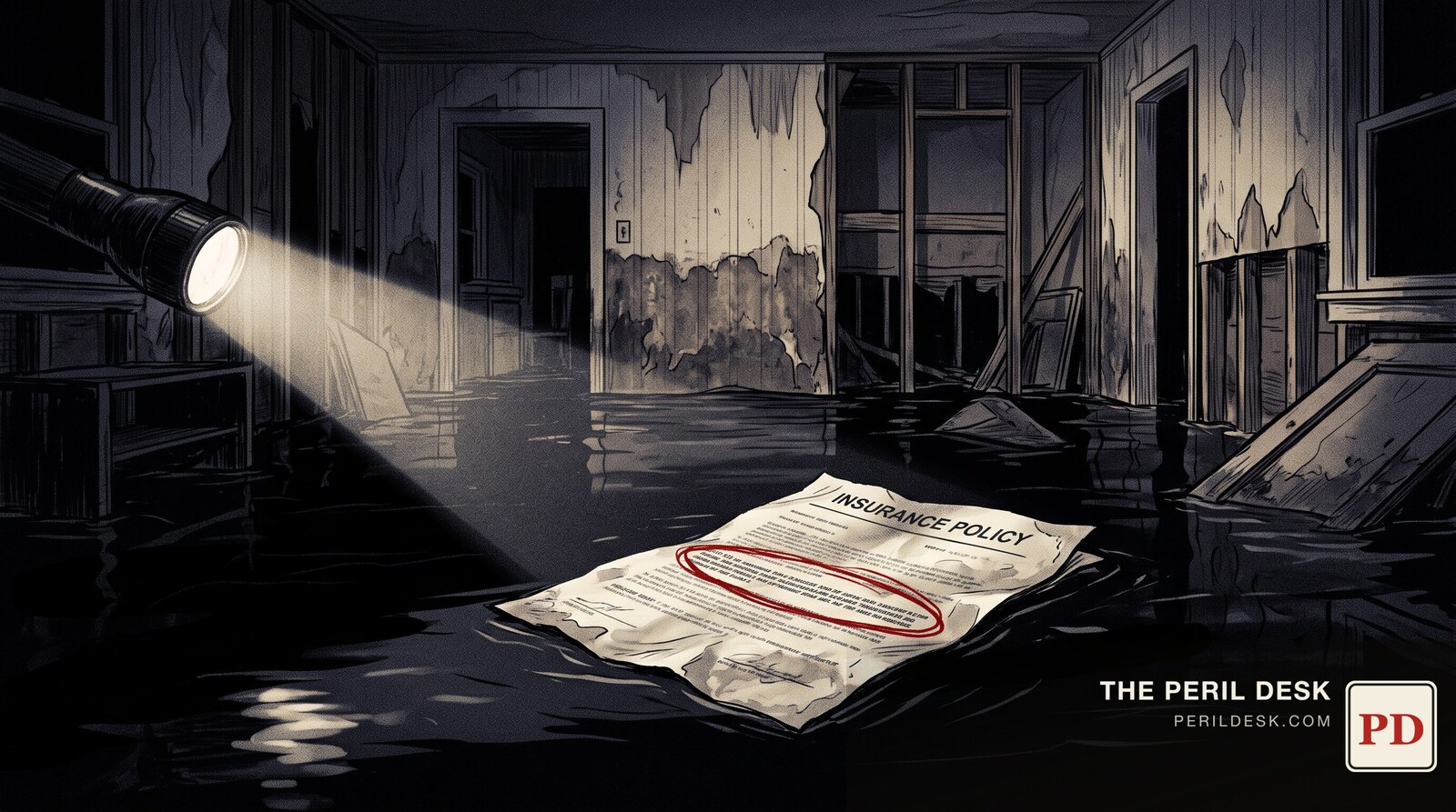 A flooded, gutted room, the water line stained high on the wall. Original art for The Peril Desk.