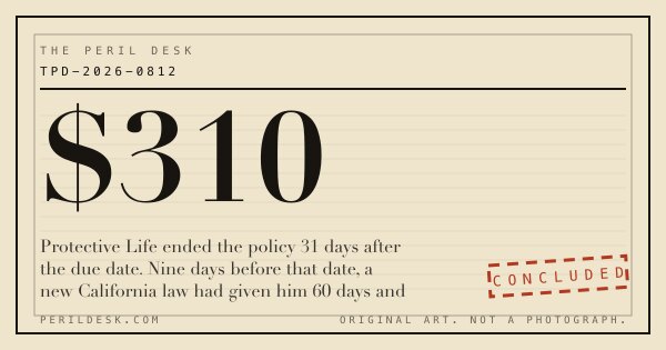 Original art for The Peril Desk. A life insurance premium notice on a kitchen table beside a wall calendar turned to January.