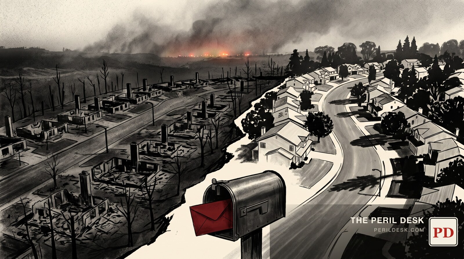 A California hillside street after wildfire: burned lots on one side, standing homes on the other. Original art for The Peril Desk.